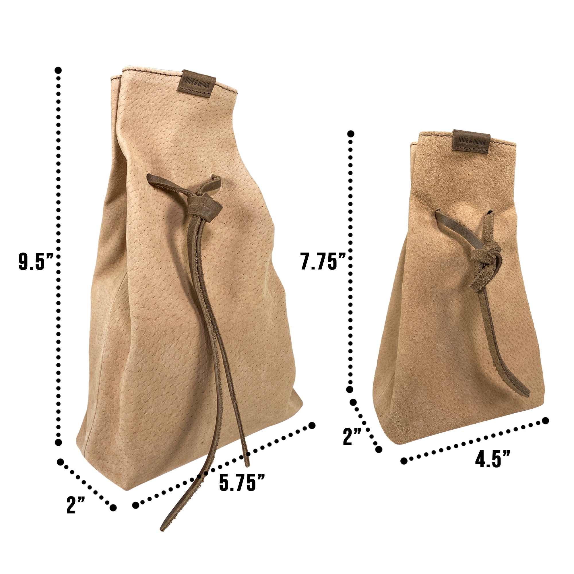 Hide & Drink's Drawstring Sack (2 pack) with measurement highlights, perfect for organizing and storing items efficiently. Drawstring Sack (2 pack) Handmade from Sheepskin and Full Grain Leather, StockyardX, Small Batch Production, Hand Cut, Hand Sewn, Fire Branded, Artisan, Handmade in La Antigua Guatemala & Oaxaca Mexico.