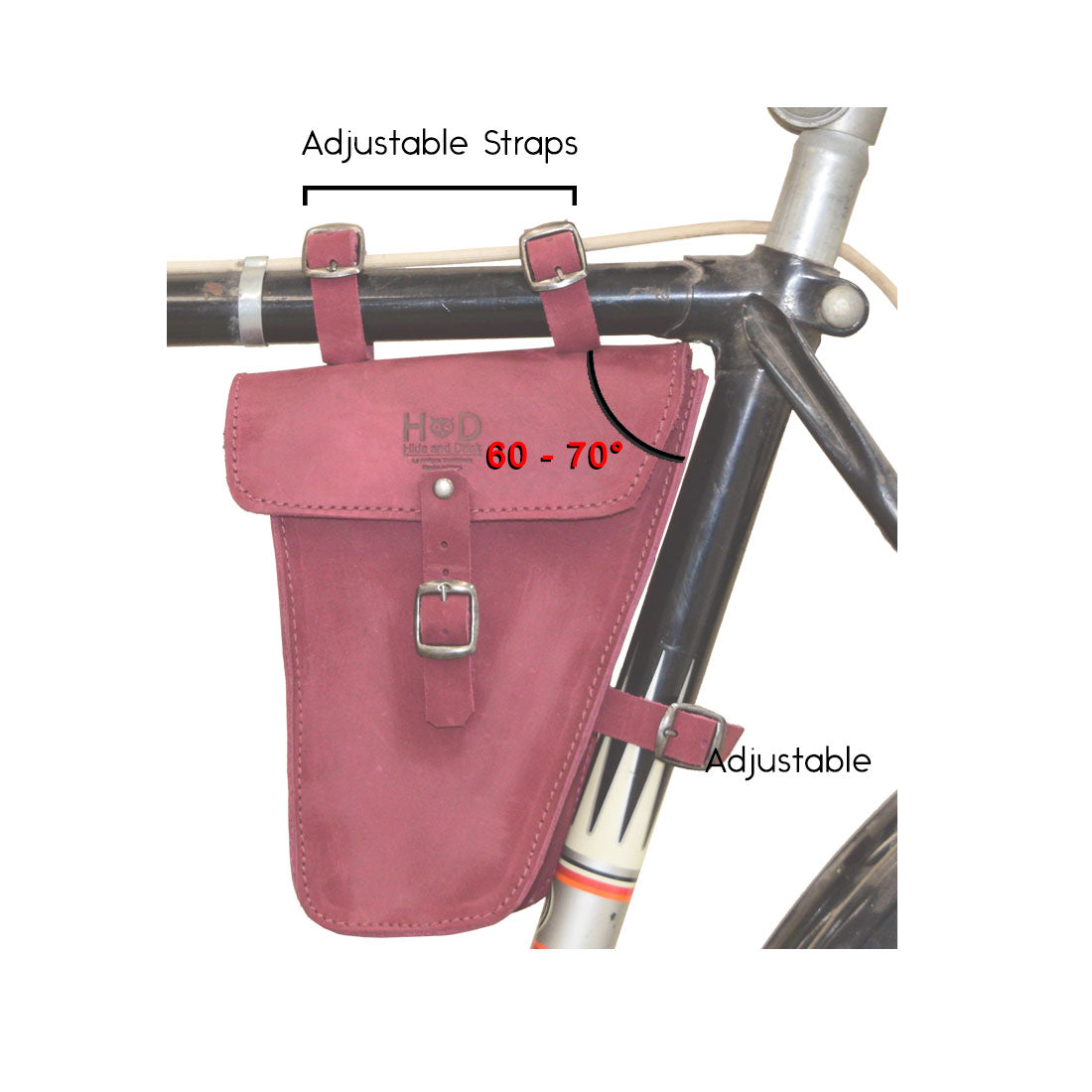 Hide & Drink's styled red Frame Bag For Bicycle on a backdrop, showcasing its practical form and robust leather. This Triangular Frame Bag is the go-to bike tool pouch for essential repair tools, handcrafted in La Antigua Guatemala & Oaxaca Mexico.
