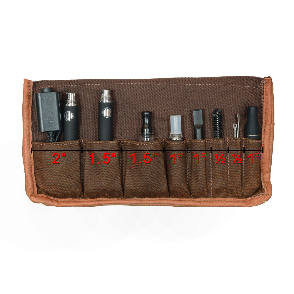Interior pockets of the brown Hide & Drink Vape Pen Case (Accessories not included) reveal ample organization for vaping essentials. Ideal as a Pen Accessories Kit Pouch Holder with secure fit for everyday use. G Pen Soft Travel Bag Handmade from Waxed Canvas, Full Grain Leather, StockyardX, Small Batch Production, Hand Cut, Hand Sewn, Fire Branded, Artisan, Handmade in La Antigua Guatemala & Oaxaca Mexico.