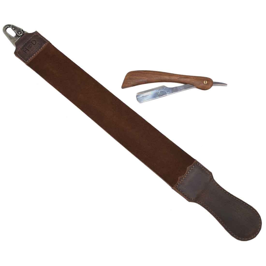 Hide & Drink Combo Barber (2-Pack) includes a leather razor strop alongside a straight razor, crafted from durable full grain leather. This barber starter pack (set of 2) is perfect for shaving and grooming needs, emphasizing small batch production and artisanal craftsmanship, hand cut and hand sewn, fire branded, made in La Antigua Guatemala & Oaxaca Mexico.