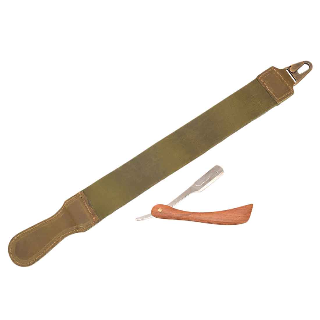 Hide & Drink's Barber Strop featuring unique leather coloration, ideal for barbers. This Full Grain Leather shaving sharpener doubles as a Razor Strop, emphasizing artisan production from La Antigua Guatemala.