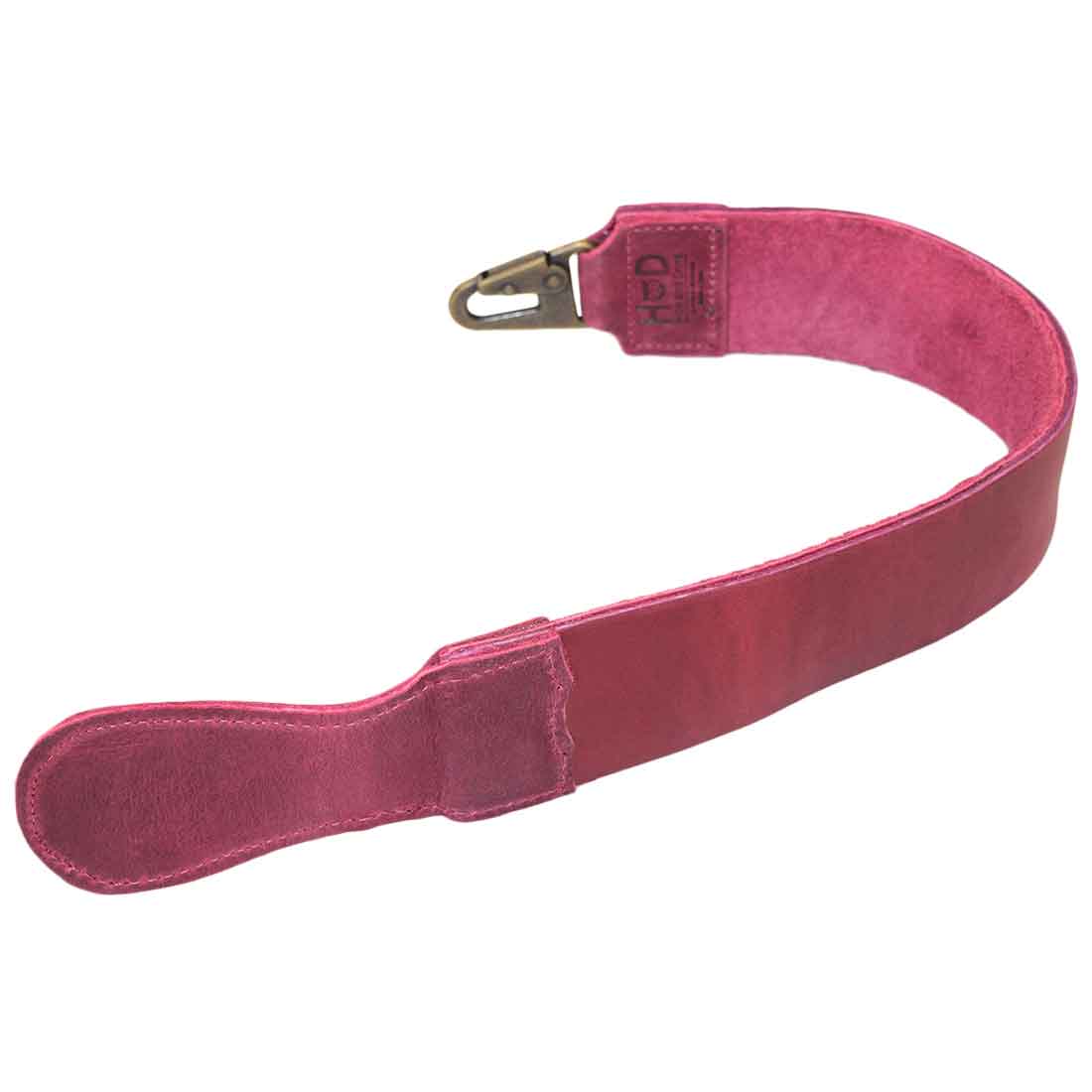 The back view of Hide & Drink's purple Barber Strop, showcasing its beautiful Full Grain Leather. This handmade Razor Strop reflects artisan craftsmanship ideal for professional barbers.