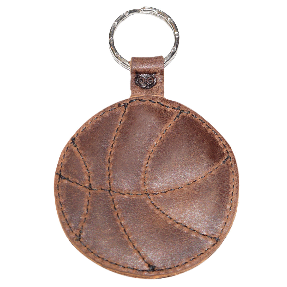 Back view of the Basketball Keychain by Hide & Drink, emphasizing the detailed stitching that mimics a basketball. This artisan key ring is perfect for sports fans and makes a great gift for players, handmade in La Antigua Guatemala & Oaxaca Mexico.