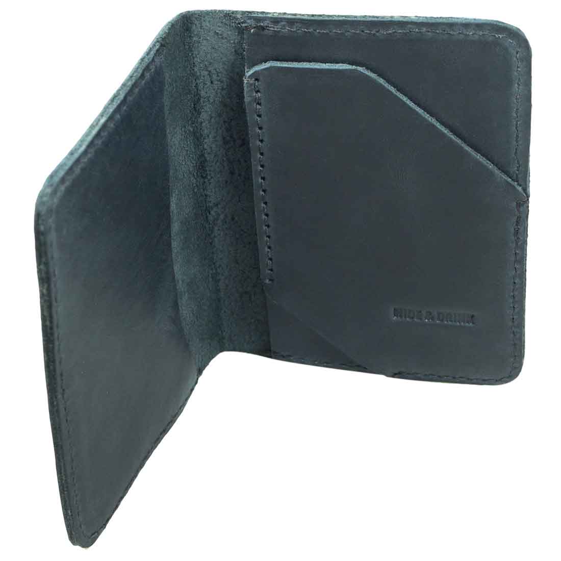 Dimensions of the Bi-Fold Card Wallet Diagonal by Hide & Drink shown with measurements, underscoring its compact design suitable for carrying cash and cards, expertly made from full grain leather.