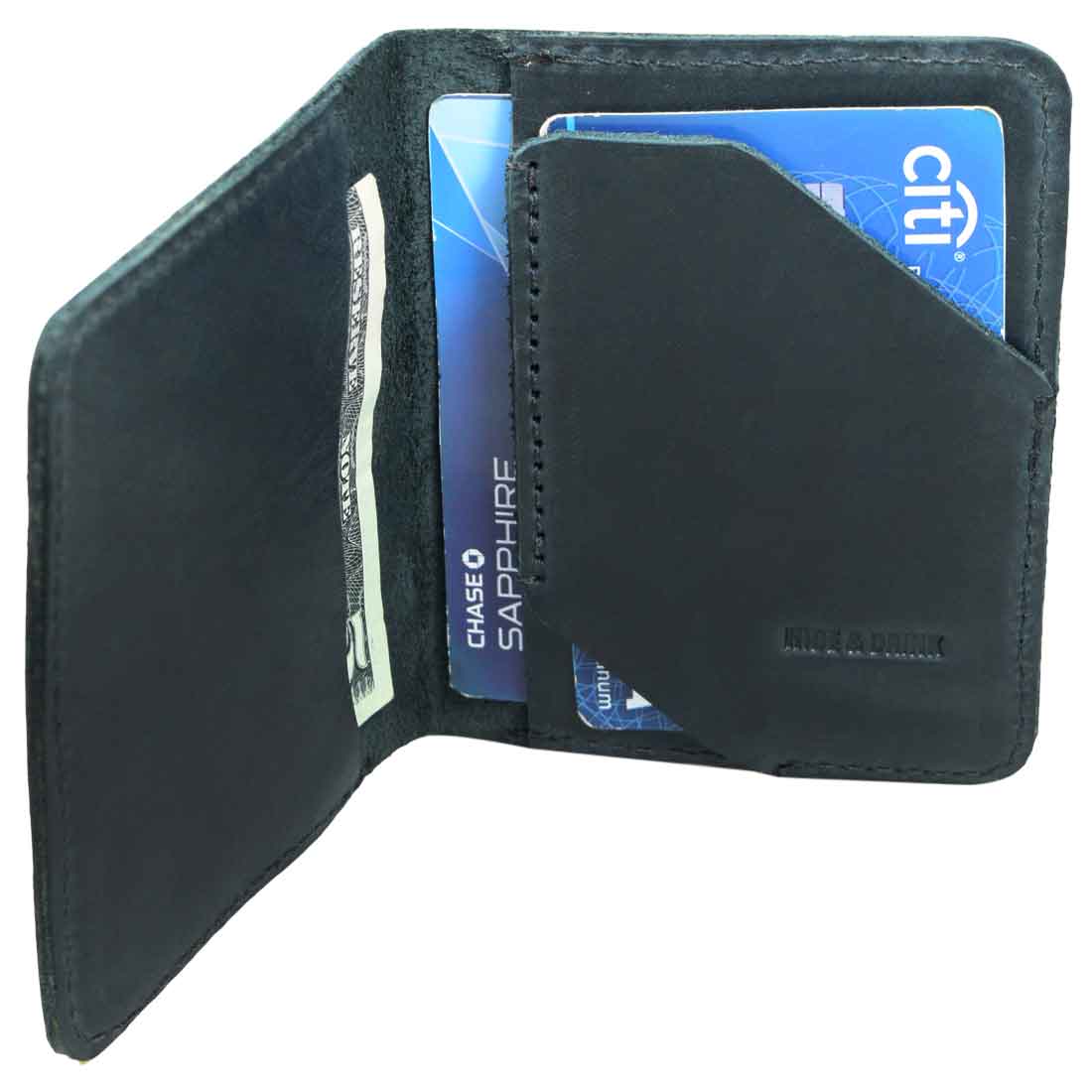 Black Bi-Fold Card Wallet Diagonal by Hide & Drink opened with cards and cash, illustrating its functionality and elegant design; made from full grain leather for those seeking quality accessories.