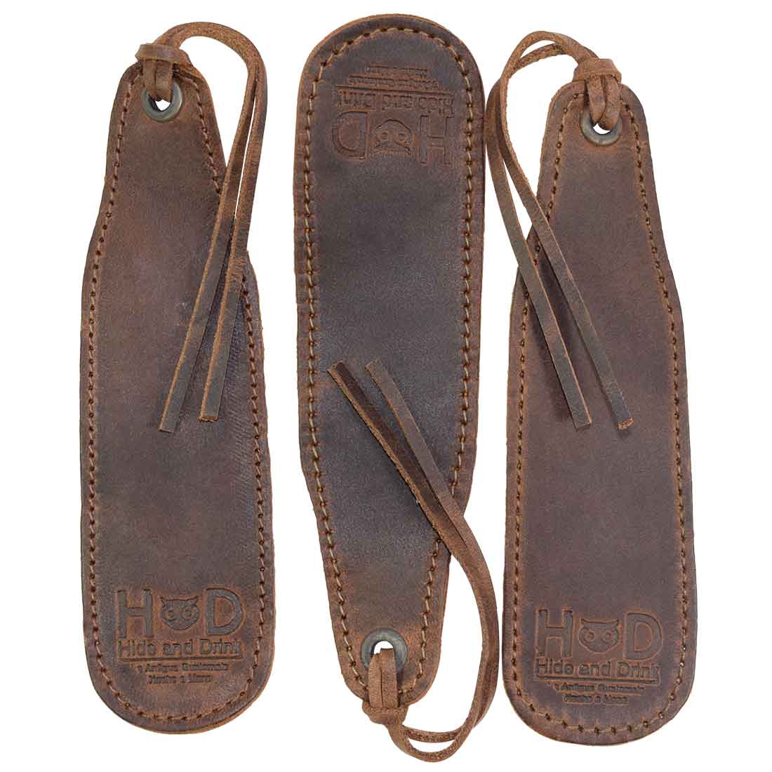 Hide & Drink Bookmark (3-Pack), an elegant full grain leather accessory designed for book lovers. Handmade in small batches in La Antigua Guatemala, showcasing artisan skills.