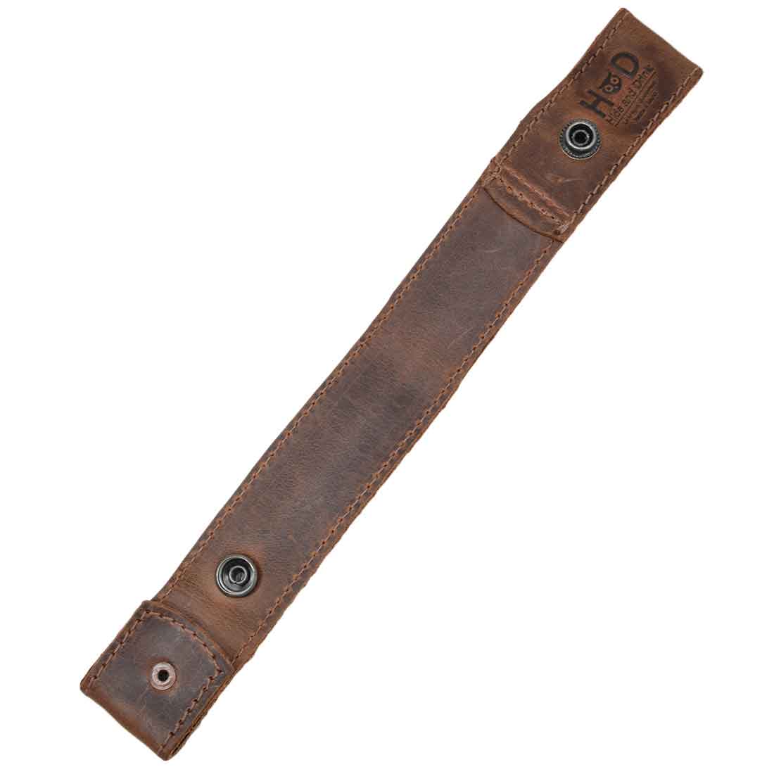 Top view of the Hide & Drink Whip Holster featuring its smooth finish and durable construction. This classic piece, made from high-quality Full Grain Leather, functions perfectly as a Bullwhip Holder, highlighting the artisan, Handmade nature of StockyardX Whip Holster made in La Antigua Guatemala & Oaxaca Mexico.