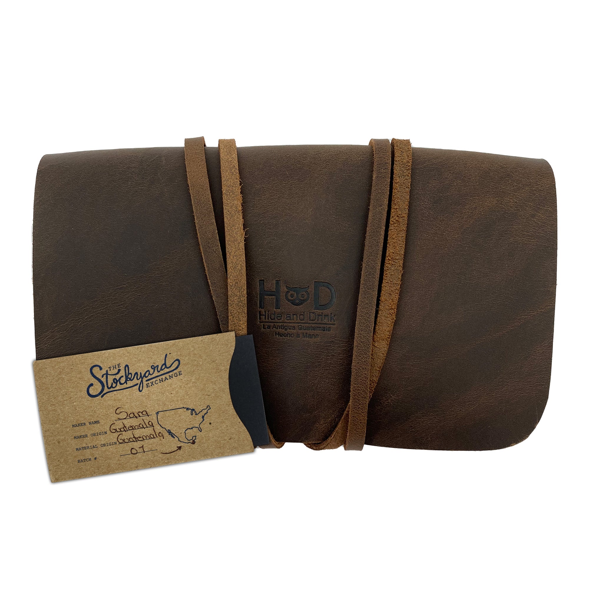 Hide & Drink Tobacco Pouch with gift card presentation, showcasing its artisanal craftsmanship, ideal for serving as an elegant smoking accessory.