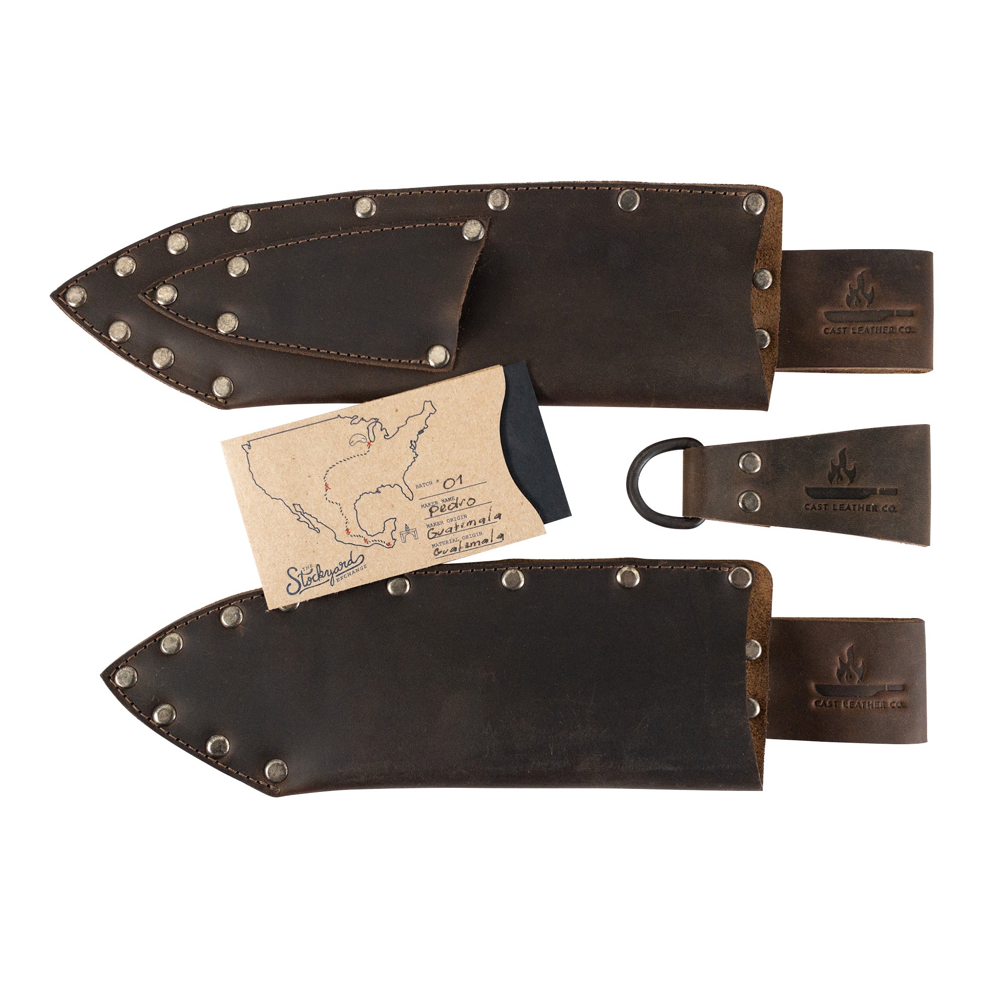 Knife Set Holder (3 Pieces) presented by Cast Leather Co., including extra accessories and crafted from Full Grain Leather. This artisan product emphasizes handmade quality with details that highlight small batch production and fire branding.