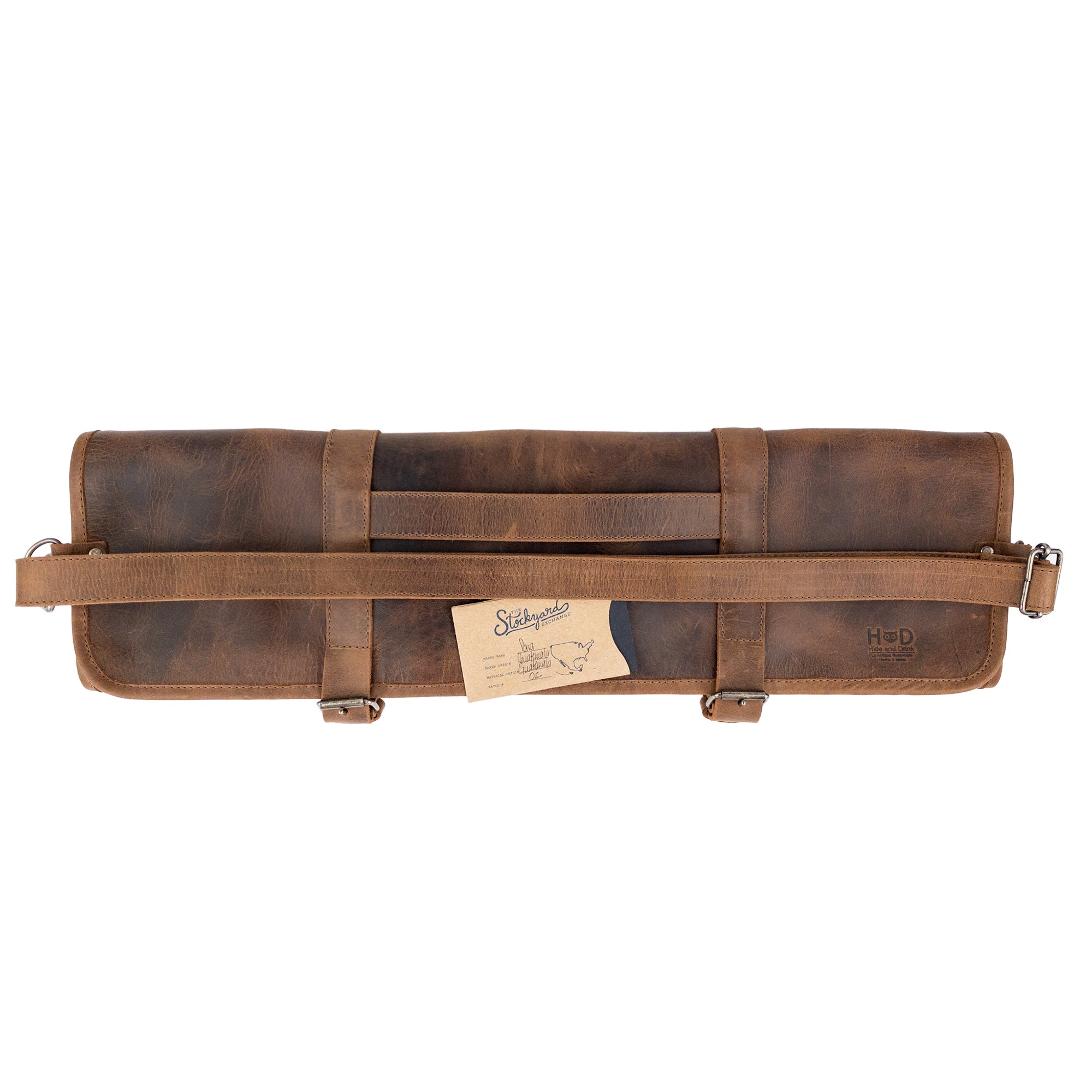 Hide & Drink Knife Roll With Water Resistant Lining (8 Pockets) featuring branding details. This essential Chef's Knife Roll Bag (8 Pockets) is designed to be a stylish portable knife organizer.