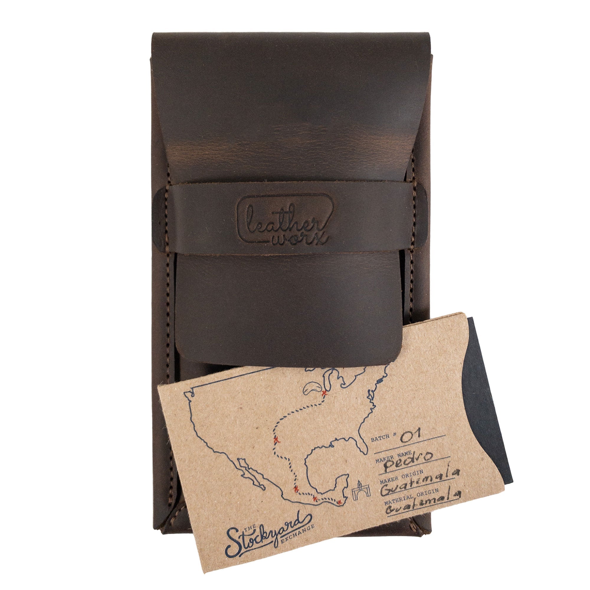 Leather Worx Double Pen Case with a card showcasing the artisan touch, crafted from Full Grain Leather. This piece reflects StockyardX's Small Batch Production values with meticulous Hand Cut and Hand Sewn craftsmanship. The Fire Branded logo highlights its Handmade essence from La Antigua Guatemala.