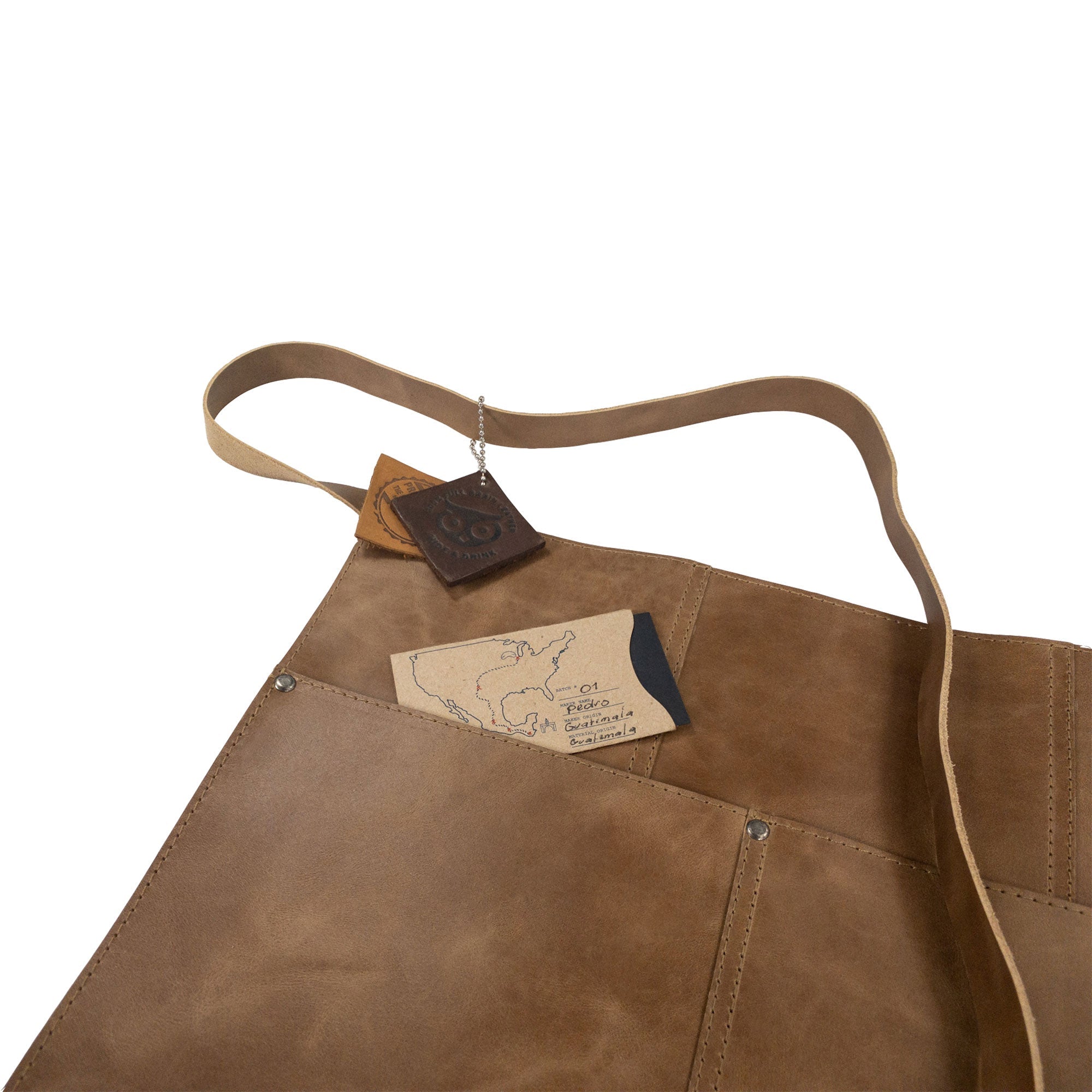 Hide & Drink Barista Leather Waist Apron features and quality, showcasing its riveted pockets, crafted for functionality as waitress and waiter accessories from full grain leather in La Antigua Guatemala & Oaxaca Mexico.