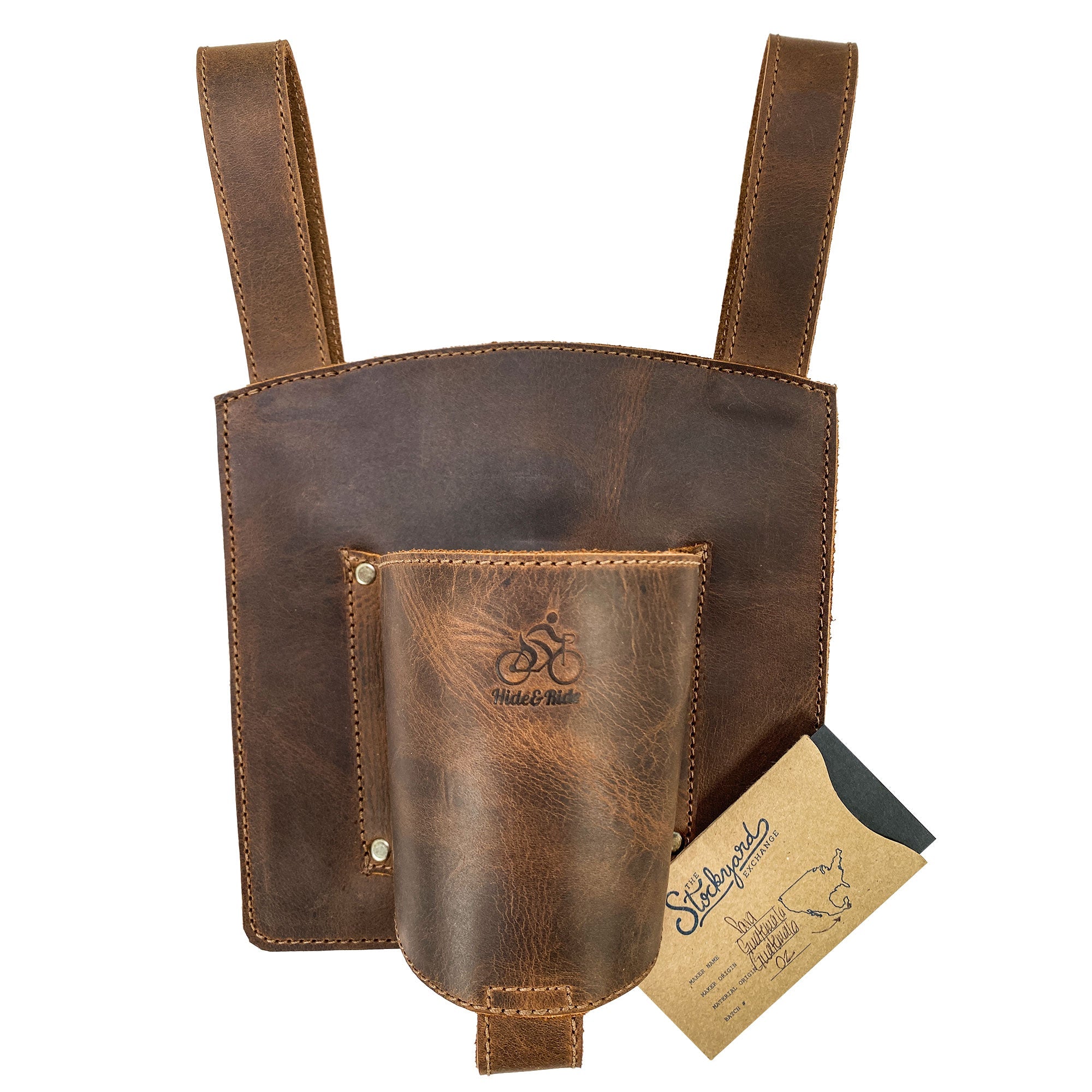 Complete set of the Bike Handlebar Cup Holder by Hide & Ride including a business card, emphasizing the brand's commitment to quality and craftsmanship. Bike Handlebar Cup Holder Handmade from Full Grain Leather - Beverage Pouch for Commuters, Minimalist Bikers, Cyclers, Urban Nomad, Full Grain Leather, StockyardX, Small Batch Production, Hand Cut, Hand Sewn, Fire Branded, Artisan, Handmade in La Antigua Guatemala & Oaxaca Mexico.