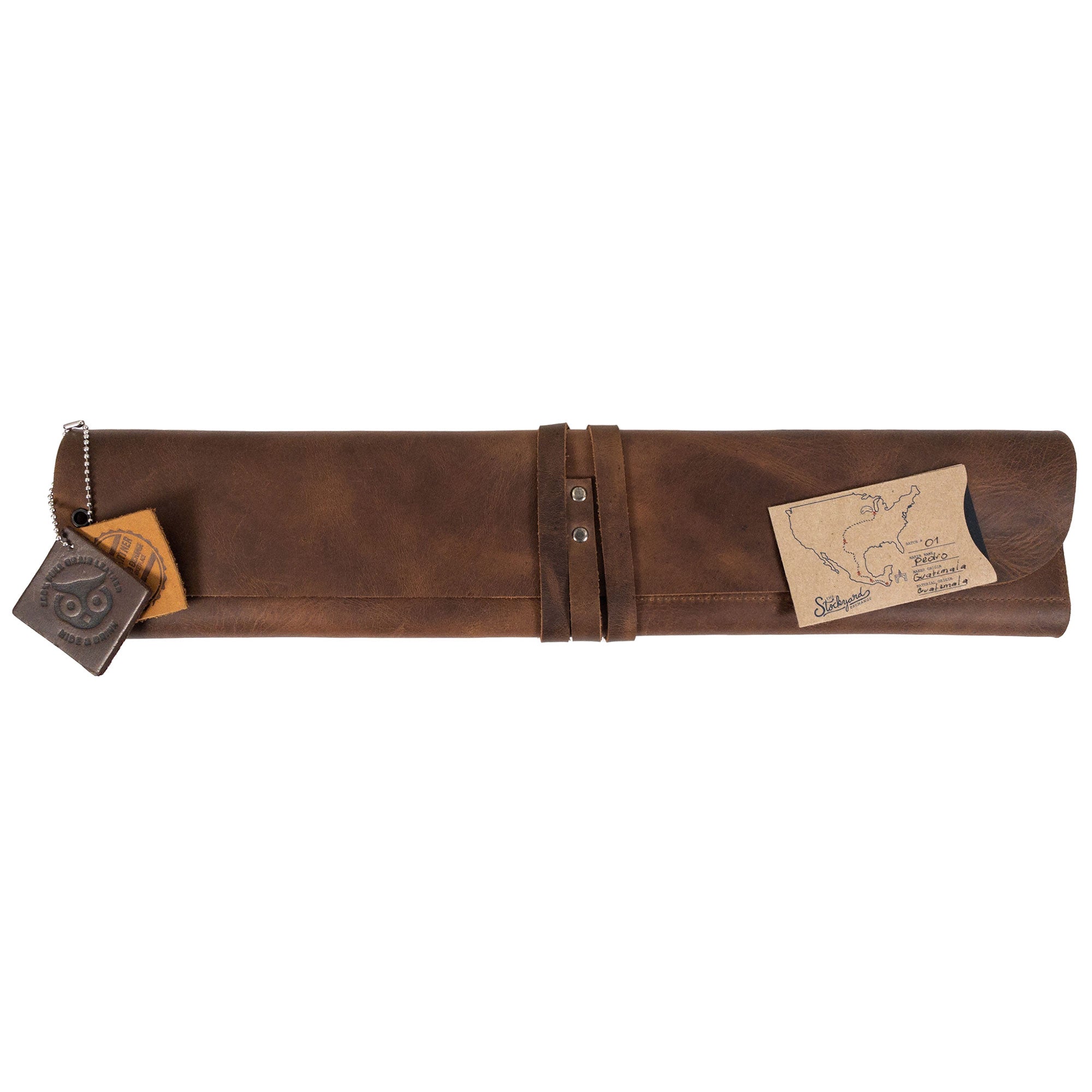 Close-up of the Hide & Drink Drumstick Roll with Slot for Drum Key displaying quality craftsmanship. This product, crafted from Full Grain Leather, showcases the benefits of small batch production, with hand cut and hand sewn details, all handmade in La Antigua Guatemala & Oaxaca Mexico.