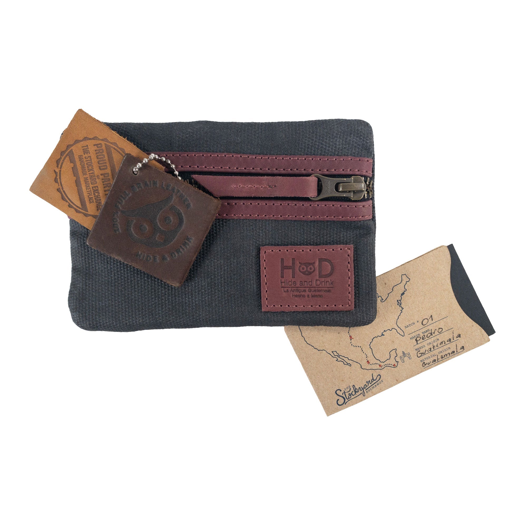 Packaging of the teal Multi-tool Pocket Pouch by Hide & Drink, emphasizing artisanal production quality with product tags.