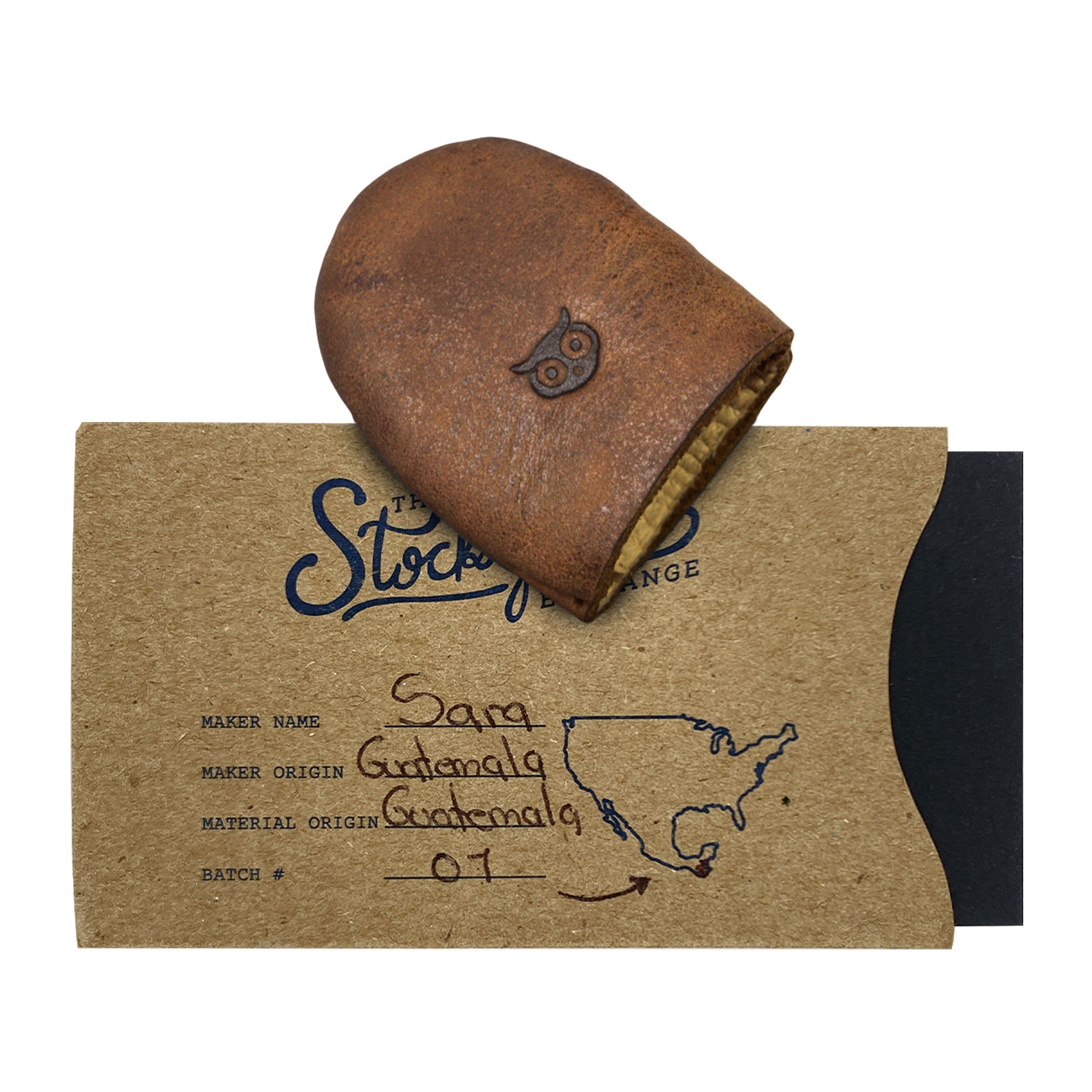 Leather Thimble by Hide & Drink, featuring the thimble alongside a beautifully crafted package that emphasizes its artisan background. This Leather Thimble serves as a Finger Protector for sewing, ideal for Hand Applique & EPP and Quilting Embroidery. Made from Full Grain Leather, with Hand Cut, Hand Sewn, and Fire Branded details, it's a remarkable product of Small Batch Production made in La Antigua Guatemala & Oaxaca Mexico.