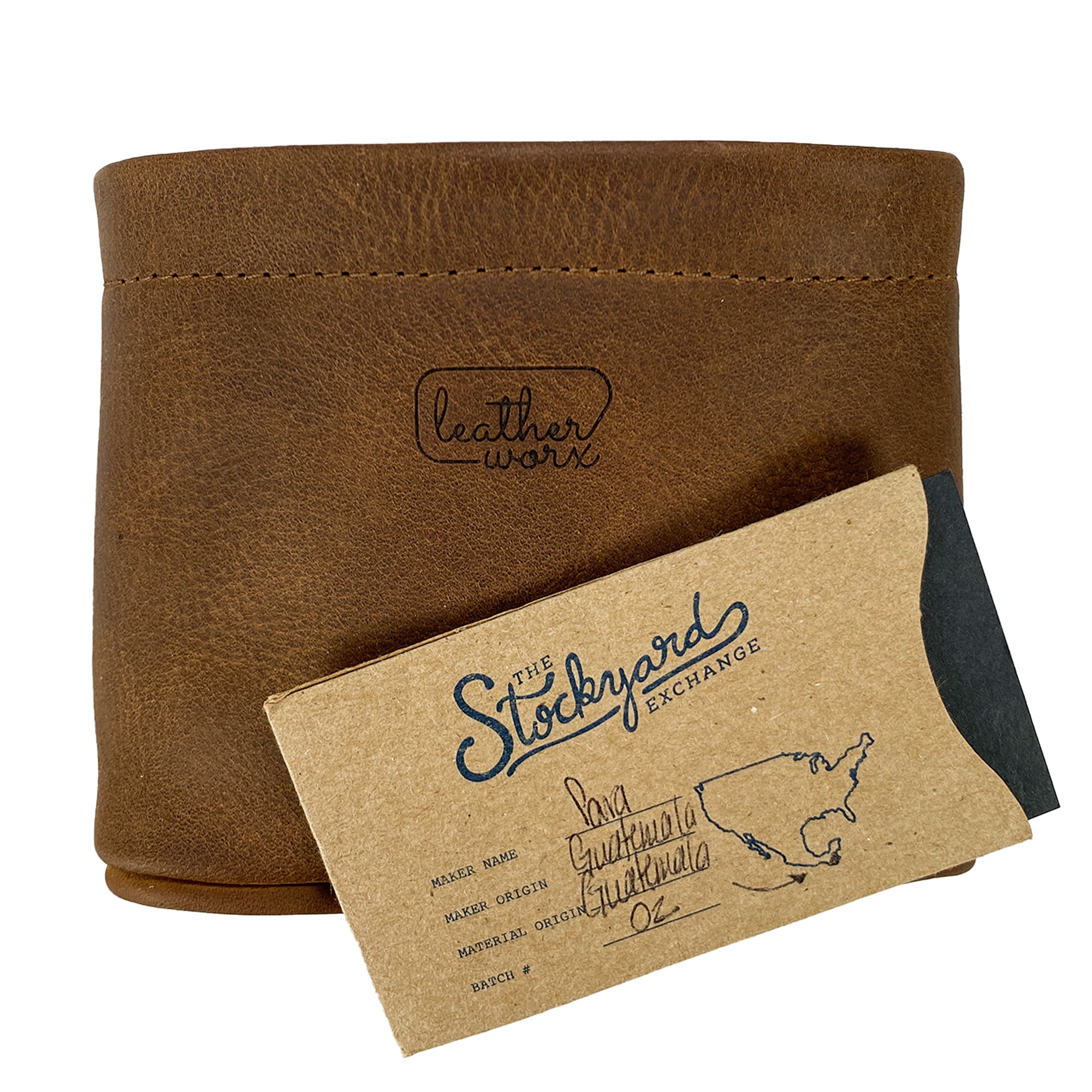 The Leather Worx Desk Organizer Bag featured alongside a branded card, emphasizing its artisan heritage. This stylish Desk Organizer Bag, handmade from full grain leather, showcases dedication to small batch production and craftsmanship, originating from La Antigua Guatemala & Oaxaca Mexico.