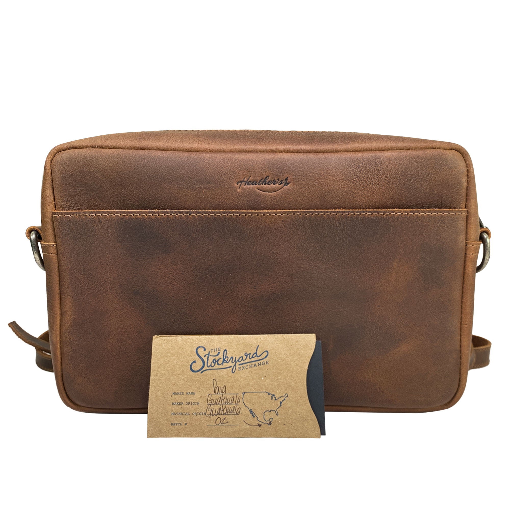 Dimensions graphic of Heather's Rectangular Crossbody Bag, providing size details that highlight its practicality for travel and daily use in full grain leather. Squared Crossbody Bag - Stylish Shoulder Bag for Everyday Use or Travel, Full Grain Leather, StockyardX, Small Batch Production, Hand Cut, Hand Sewn, Fire Branded, Artisan, Handmade in La Antigua Guatemala & Oaxaca Mexico.
