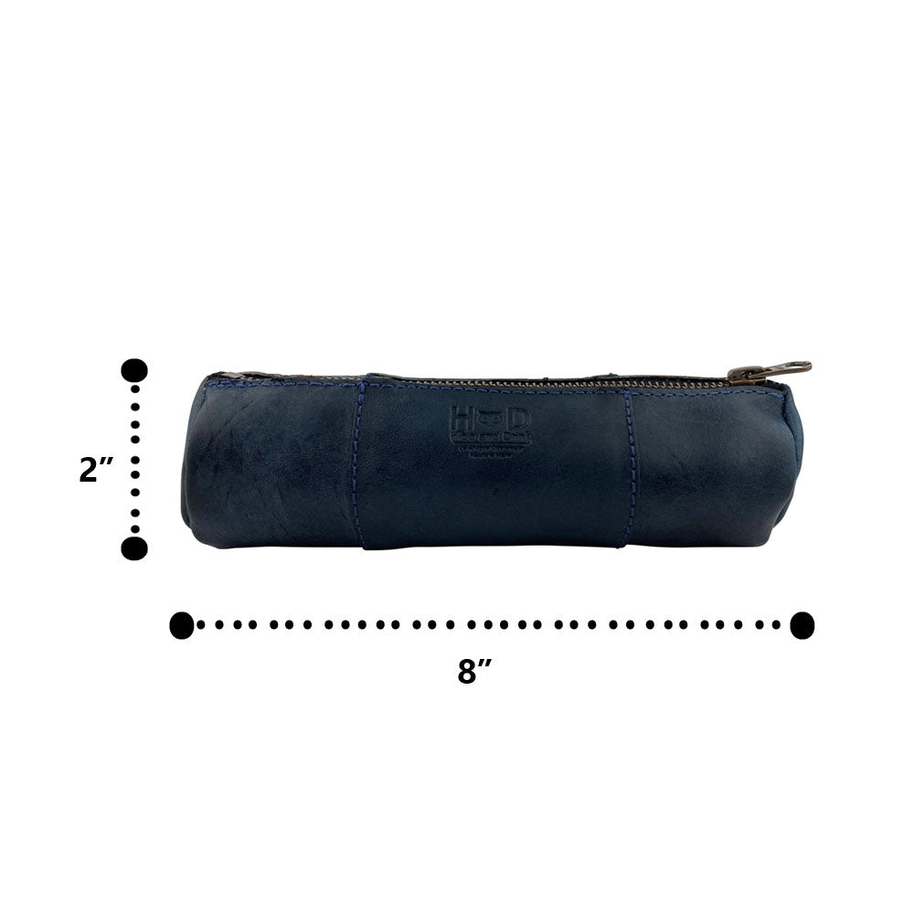 Dimensions view of the Utility Cylinder Case by Hide & Drink, showcasing its practical size. This classic, handmade bag is perfect for organizing personal items or office supplies, crafted in Full Grain Leather. Cylinder Case, Rustic, Artisan.