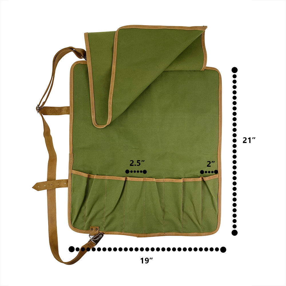 Hide & Drink Knife Roll With Water Resistant Lining (8 Pockets) showcasing dimensions for knife placement. A practical Chef's Knife Roll Bag (8 Pockets), perfect for chefs needing a portable knife organizer.
