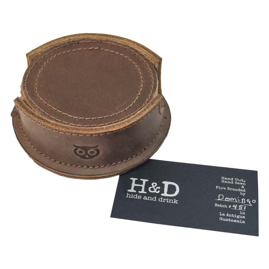 Thick Leather Coasters (6-Pack) by Hide & Drink alongside a product card, illustrating the artisan design of circular coasters, crafted from premium full grain leather. This set represents small batch production, with each piece hand cut, hand sewn, and fire branded, all handmade in La Antigua Guatemala.