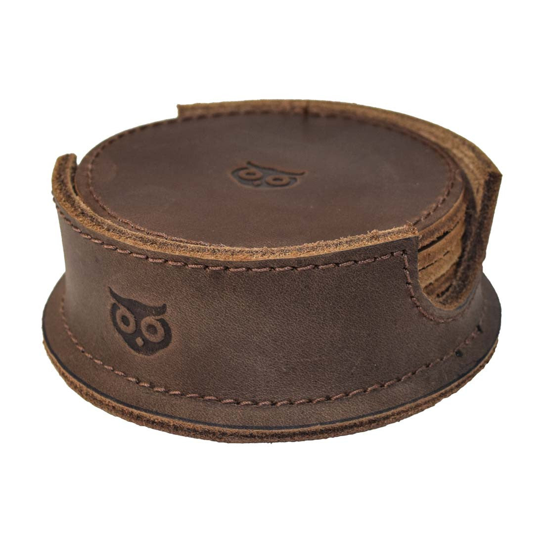 Thick Leather Owl Coasters with Stitching (6-Pack) - Stockyard X 'The Leather Store'