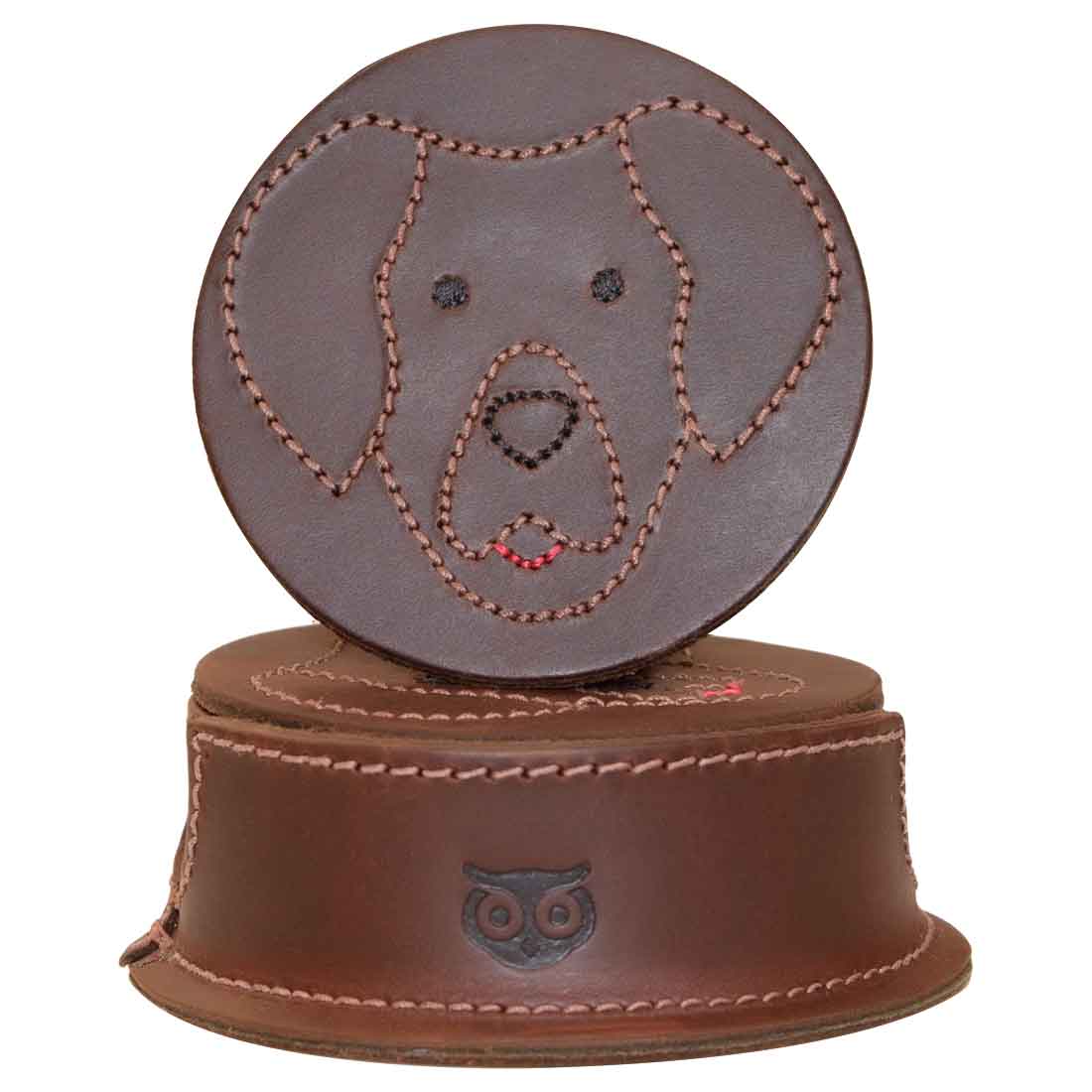 Labrador Doggy Classic Shaped Coaster Set (6-Pack) by Hide & Drink showcases a cute leather coaster featuring a Labrador Retriever face. Made from full grain leather, these artisan coasters are hand cut, hand sewn, and fire branded, perfect for any dog lover. Labrador Retriever Doggy/Animal Farm Classic Shaped Coasters (6-Pack) Full Grain Leather, StockyardX, Small Batch Production, Handmade in La Antigua Guatemala & Oaxaca Mexico.