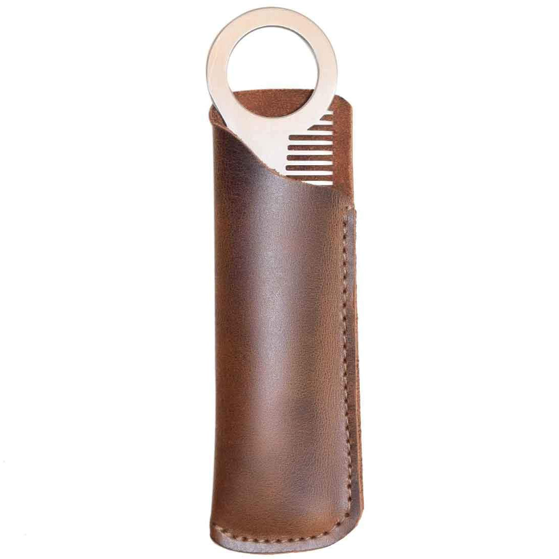 Hide & Drink Comb Case emphasizing its rustic appearance, designed for the ultimate protection of your comb. This stylish sleeve serves as a chic addition to any barber accessories collection. Made from full grain leather, highlighting small batch production and artisan quality. Handmade in La Antigua Guatemala & Oaxaca Mexico.
