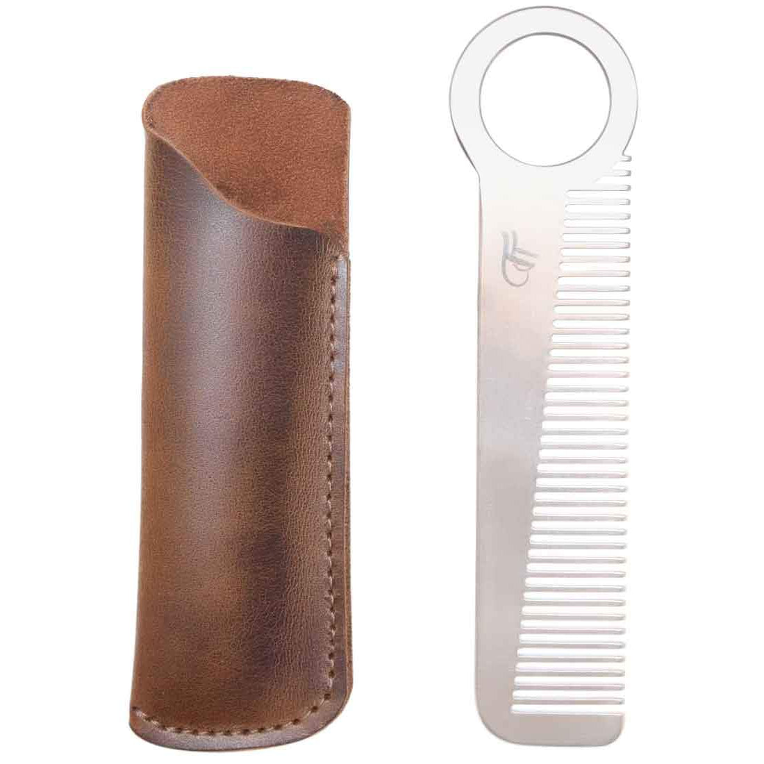 Hide & Drink Comb Case with a combination of a leather holster and comb, showcasing its utility for personal care. A stylish protector sleeve made of full grain leather, reflecting small batch production and skilled craftsmanship. Handmade in La Antigua Guatemala & Oaxaca Mexico.