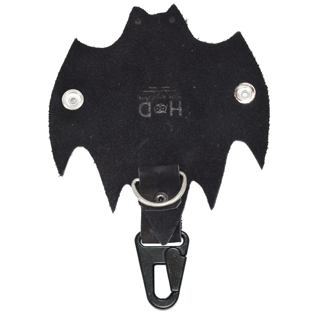 Back view of the bat Critter Key Chain by Hide & Drink, highlighting its distinctive shape and construction. This fun Animal Key Ring Holder is made from rugged Full Grain Leather, ideal for a unique touch on any keychain. Handmade in La Antigua Guatemala & Oaxaca Mexico.