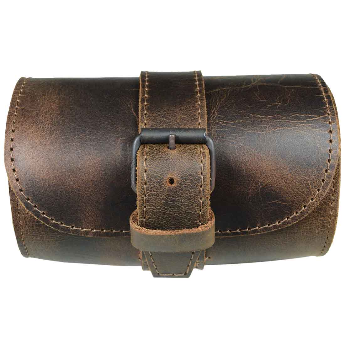 Hide & Drink Single Watch Case closed, showcasing its elegant design. This Cylinder Watch Case with Cushion is a chic jewelry organizer and travel accessory, constructed from high-quality Full Grain Leather. Handcrafted in La Antigua Guatemala & Oaxaca Mexico, reflecting the beauty of artisan skills and small batch production.