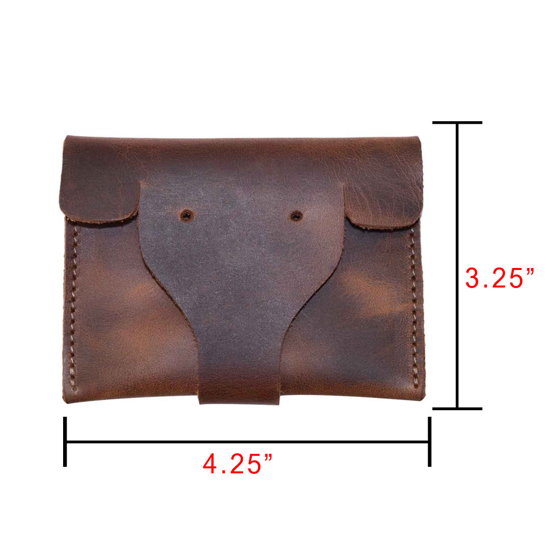 Elephant Coin Pouch by Hide & Drink with dimensions displayed, handcrafted from durable full grain leather, perfect for carrying coins and small items. Card Pouch Elephant/Coin & Folded Bills/Wallet/Cable Holder/USB/SD/Change, Full Grain Leather, StockyardX, Hand Cut, Hand Sewn, Fire Branded, Artisan, Handmade in La Antigua Guatemala & Oaxaca Mexico.