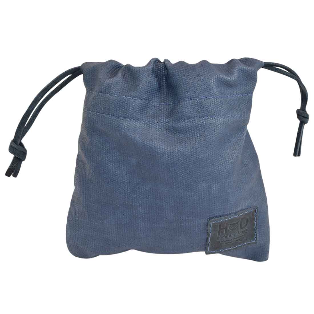 The Hide & Drink Golf Pouch, showcasing its hand-crafted dark blue design, ideal for holding various items. Made from durable waxed canvas, it's a stylish storage option for your golf essentials. Waxed Canvas Golf Valuables Field Pouch, Golf Bag, Sport Organizer, Multipurpose Pouch with String, StockyardX, Small Batch Production, Hand Cut, Hand Sewn, Fire Branded, Artisan, Handmade in La Antigua Guatemala & Oaxaca Mexico.