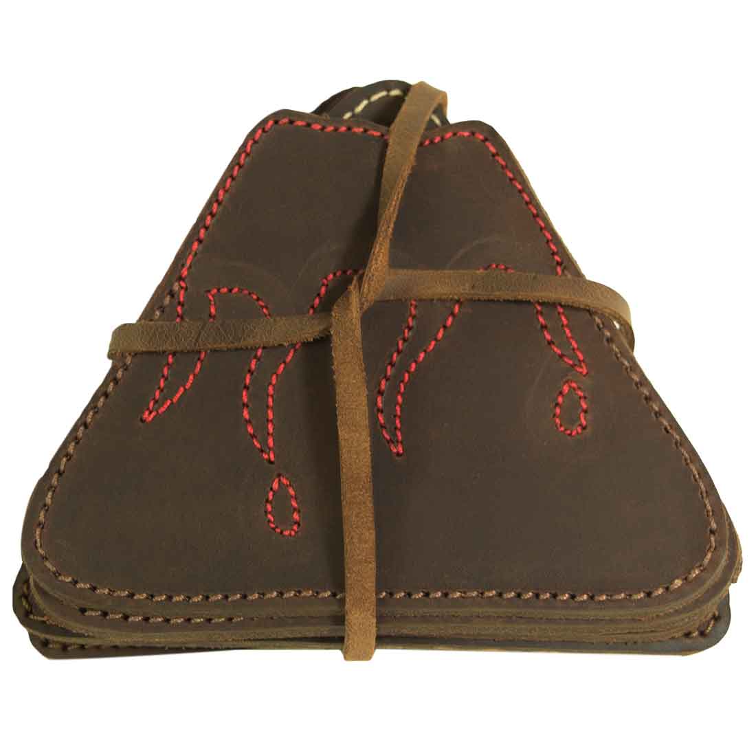 A neatly bundled Fire & Ice Volcano Mountains Set Coasters from Hide & Drink's Landscape Coasters Set (6-Pack), showcasing the handmade quality in Full Grain Leather. Each piece reflects the artisan craftsmanship of La Antigua Guatemala & Oaxaca Mexico, being both hand cut and hand sewn.