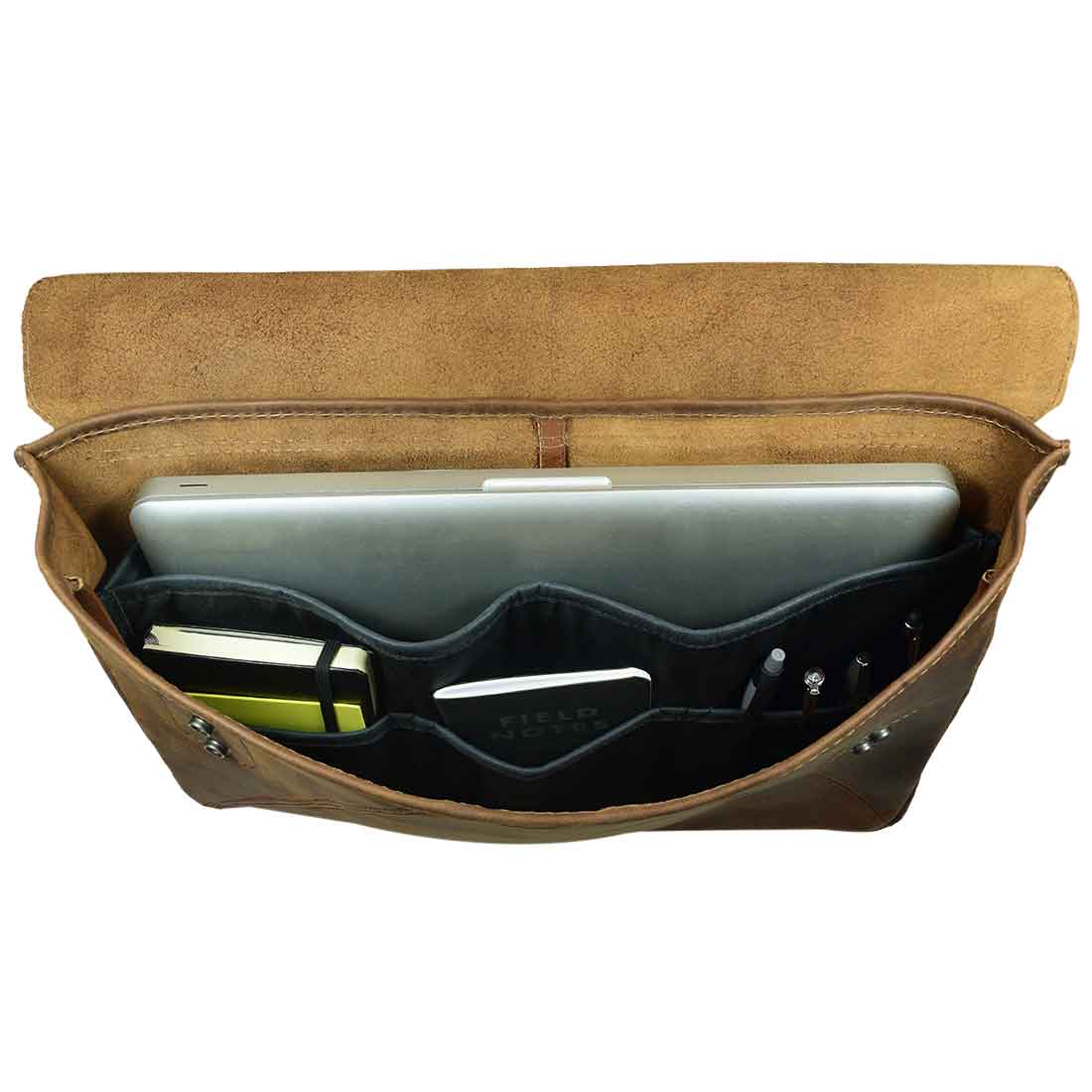 Inside view of the elegant Laptop Protector W/Organizer for Bag by Hide & Drink, featuring an organized space for a laptop, notebook, and pens. This functional Waxed Canvas Laptop Protector W/Storage Pockets is a great Briefcase Organizer, crafted through Small Batch Production, Hand Cut, Hand Sewn, Fire Branded methods in La Antigua Guatemala & Oaxaca Mexico.
