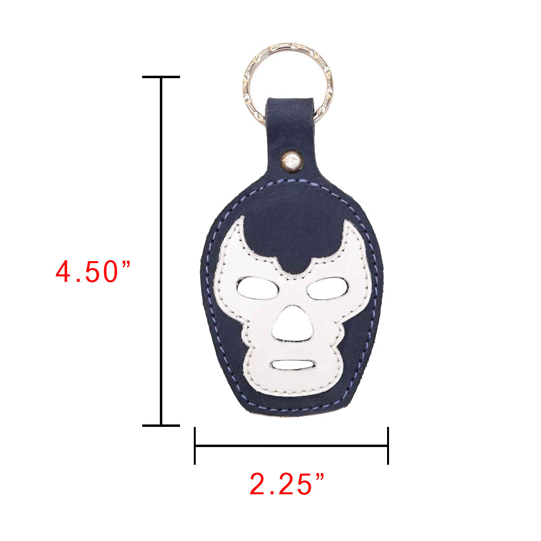 Dimensions of the Luchador Mask Leather Keychain displayed, emphasizing its compact size for portability. This stylish keyring by Hide & Drink is not only a practical key organizer but also a unique travel accessory made from full grain leather, reflecting the quality of small batch production artisanal work from La Antigua Guatemala and Oaxaca Mexico.