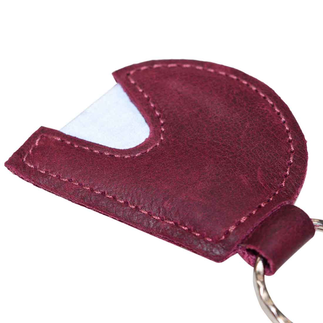 Detailed view of Hide & Drink Motorcycle Helmet Keychain, highlighting its fine stitching and full grain leather quality. This artisan key ring is perfect for bikers, making it a unique accessory for motorcycle keys, reflecting handmade craftsmanship.