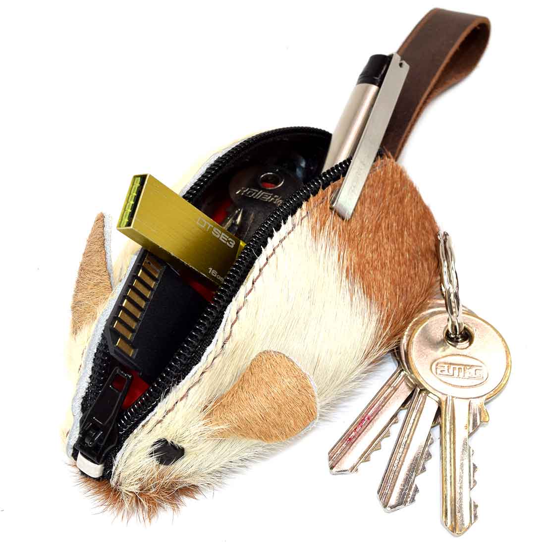 The Hide & Drink Mouse Coin Pouch open and filled with coins showcases its cute design and practical use. Handmade in La Antigua Guatemala, this full grain leather change pouch is perfect for anyone looking for a unique pocket case for coins.