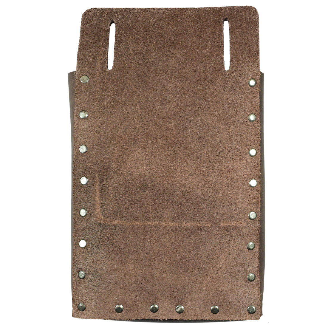 Back view of the 2-Pocket Tool Bag by Hide & Drink, demonstrating its sturdy construction from thick full grain leather. This artisan-crafted organizing bag is designed for tool storage, emphasizing small batch production and the artistry of hand cut and hand sewn leatherwork, made by skilled artisans in La Antigua Guatemala & Oaxaca Mexico. Ideal for maintaining your work essentials.