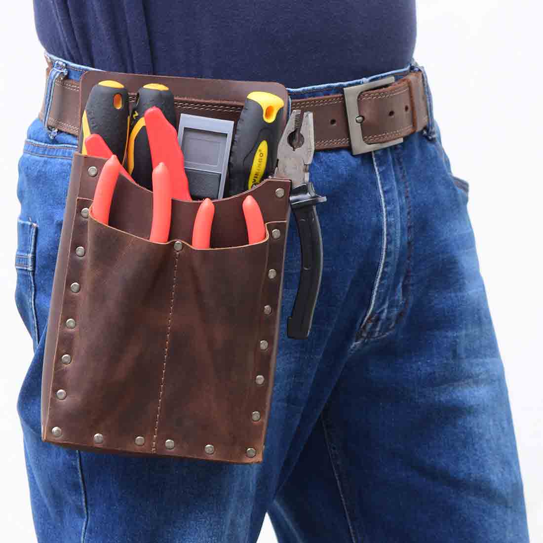Close-up view of the 2-Pocket Tool Bag by Hide & Drink with measurements shown, highlighting its dimensions of 10 inches by 8 inches, crafted from thick full grain leather. This Artisan tool pouch represents the essence of small batch production and is expertly hand cut and hand sewn by craftsmen in La Antigua Guatemala & Oaxaca Mexico, perfect for organizing all your work essentials.