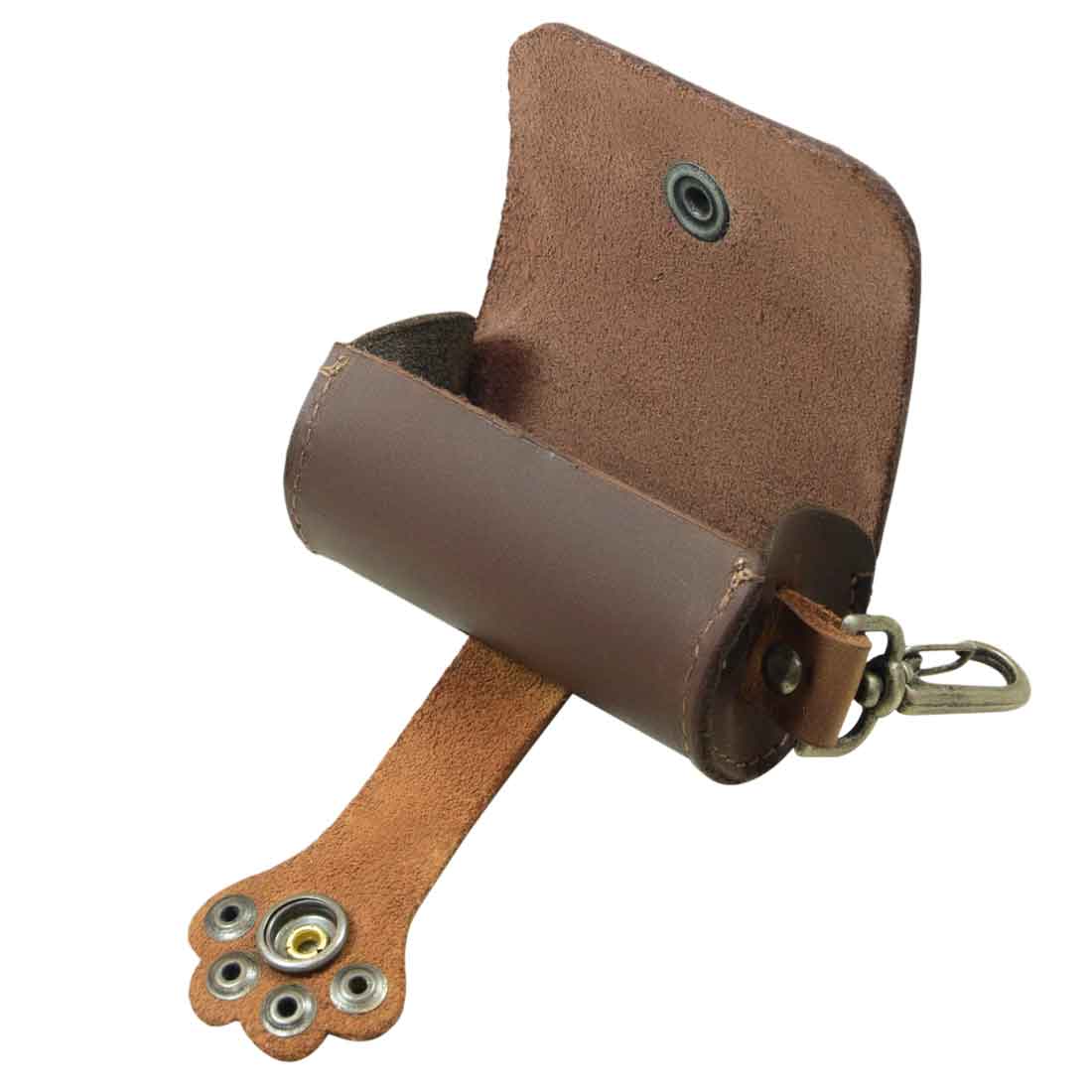Open view of the Paw Poop Pouch by Hide & Drink, displaying its cleverly designed leather structure. This Full Grain Leather small poop pouch is essential for dog walker accessories, handmade with care in La Antigua Guatemala & Oaxaca Mexico.