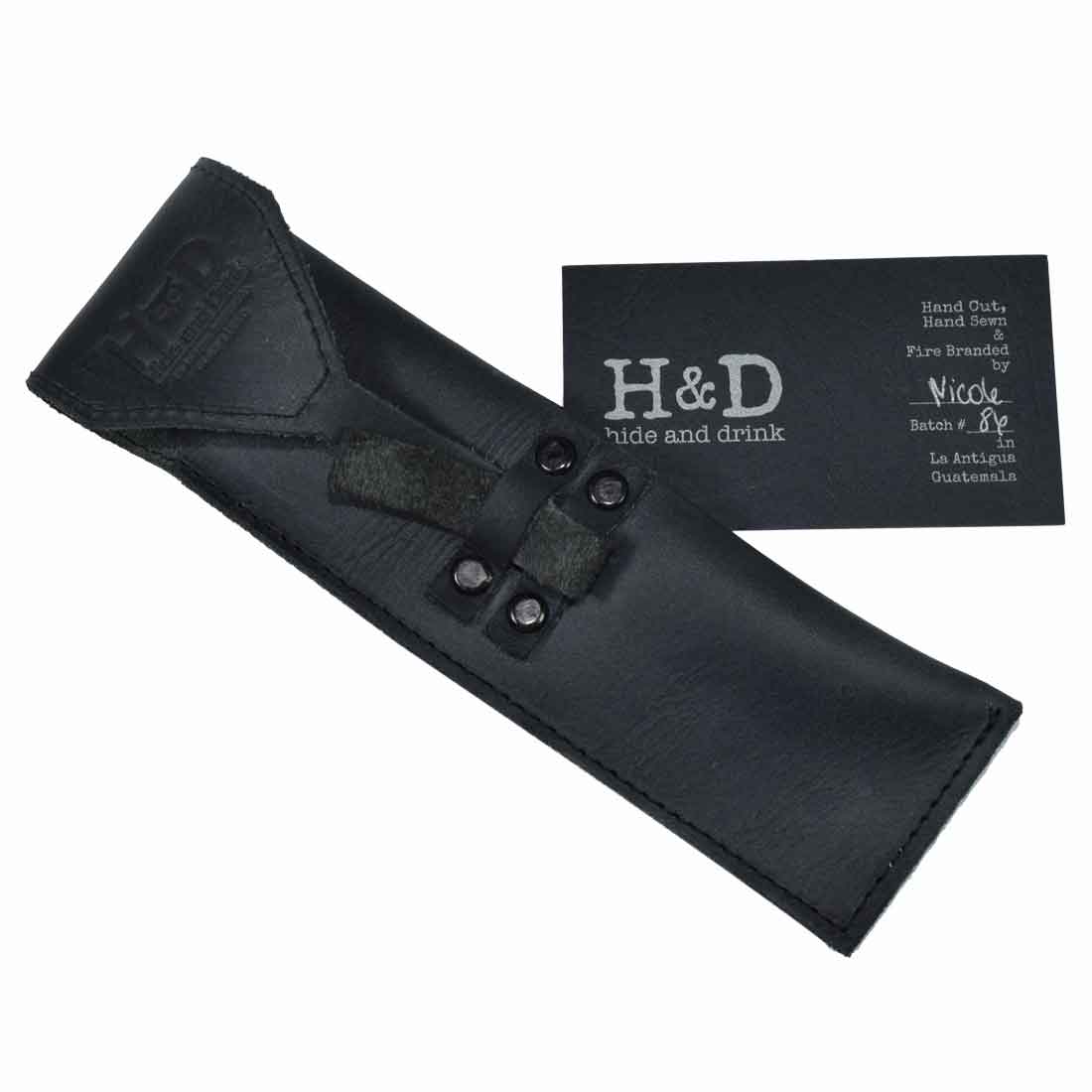 Hide & Drink Straight Razor Cover presented with a black leather finish and branding. This durable cover is made from Full Grain Leather, reflecting Small Batch Production, Hand Cut, Hand Sewn, and Fire Branded craftsmanship, handmade in La Antigua Guatemala & Oaxaca Mexico.