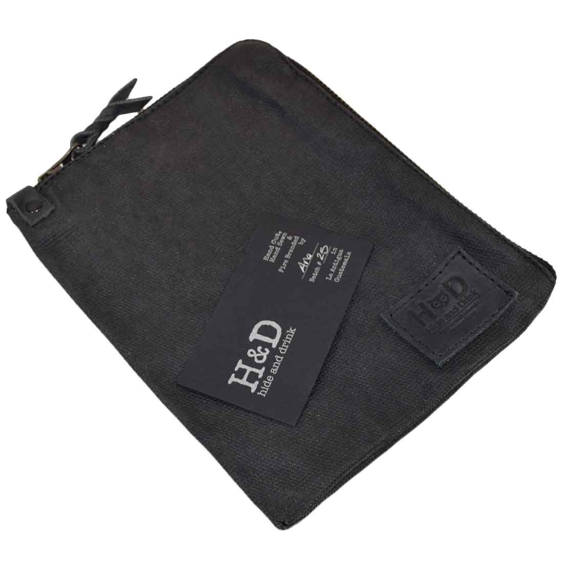 Front view of the navy Scribbler Case from Hide & Drink, crafted from Waxed Canvas. Ideal for notebooks, showcasing small batch production and artisan quality. Handmade in La Antigua Guatemala & Oaxaca Mexico.