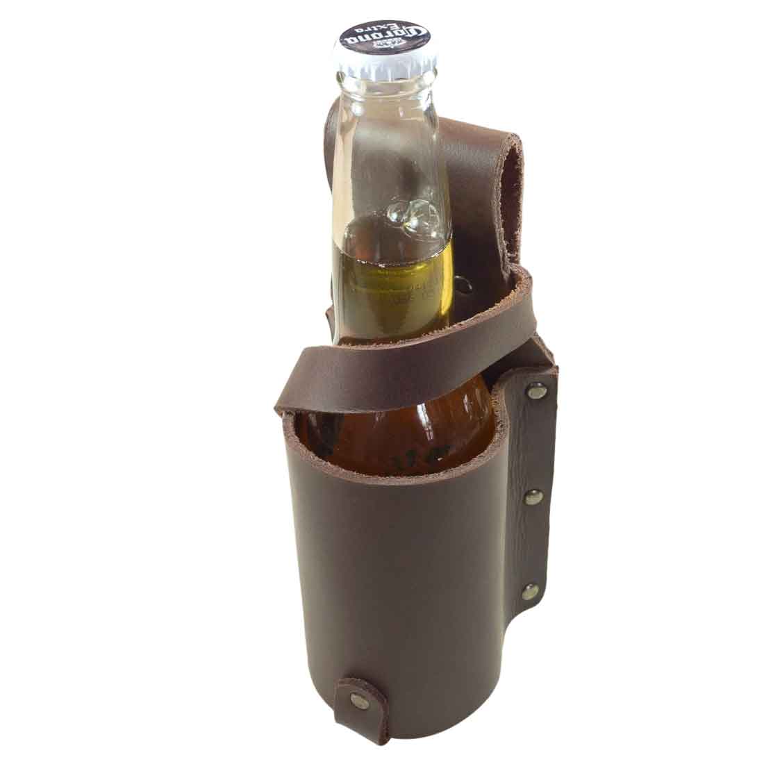 The Single Beer Holster by Hide & Drink, featuring a Thick Full Grain Leather Beer Bottle Holster, perfect for any beer lover's essentials. This handcrafted item represents party accessories and combines small batch production with hand cut and hand sewn quality, fire branded and artisan made in La Antigua Guatemala & Oaxaca Mexico.