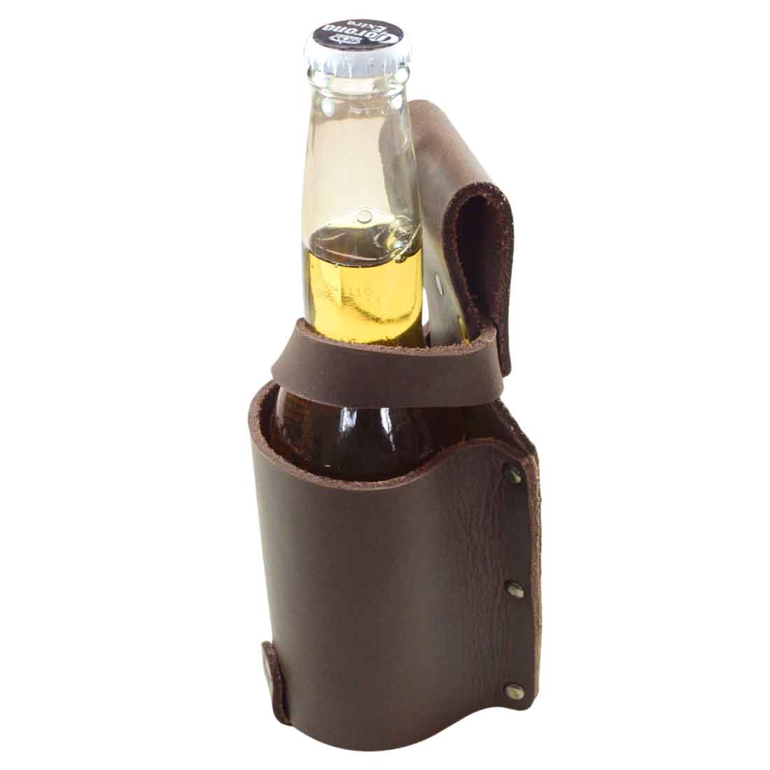 The Single Beer Holster from Hide & Drink is a thick full grain leather beer bottle holster that exemplifies beer lover essentials. This unique piece is a must-have party accessory, showcasing artisan craftsmanship with small batch production, hand cut, hand sewn, and fire branded, made in La Antigua Guatemala & Oaxaca Mexico.