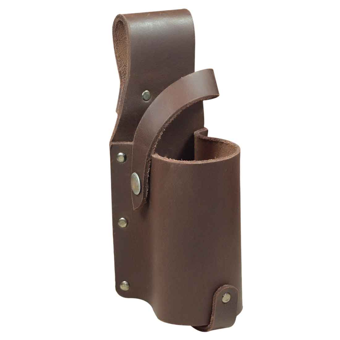 The detailed dimensions of the Single Beer Holster by Hide & Drink, a Thick Full Grain Leather Beer Bottle Holster ideal for beer lover essentials and party accessories. This artisan product represents small batch production, highlighting hand cut, hand sewn features and fire branded craftsmanship, made in La Antigua Guatemala & Oaxaca Mexico.