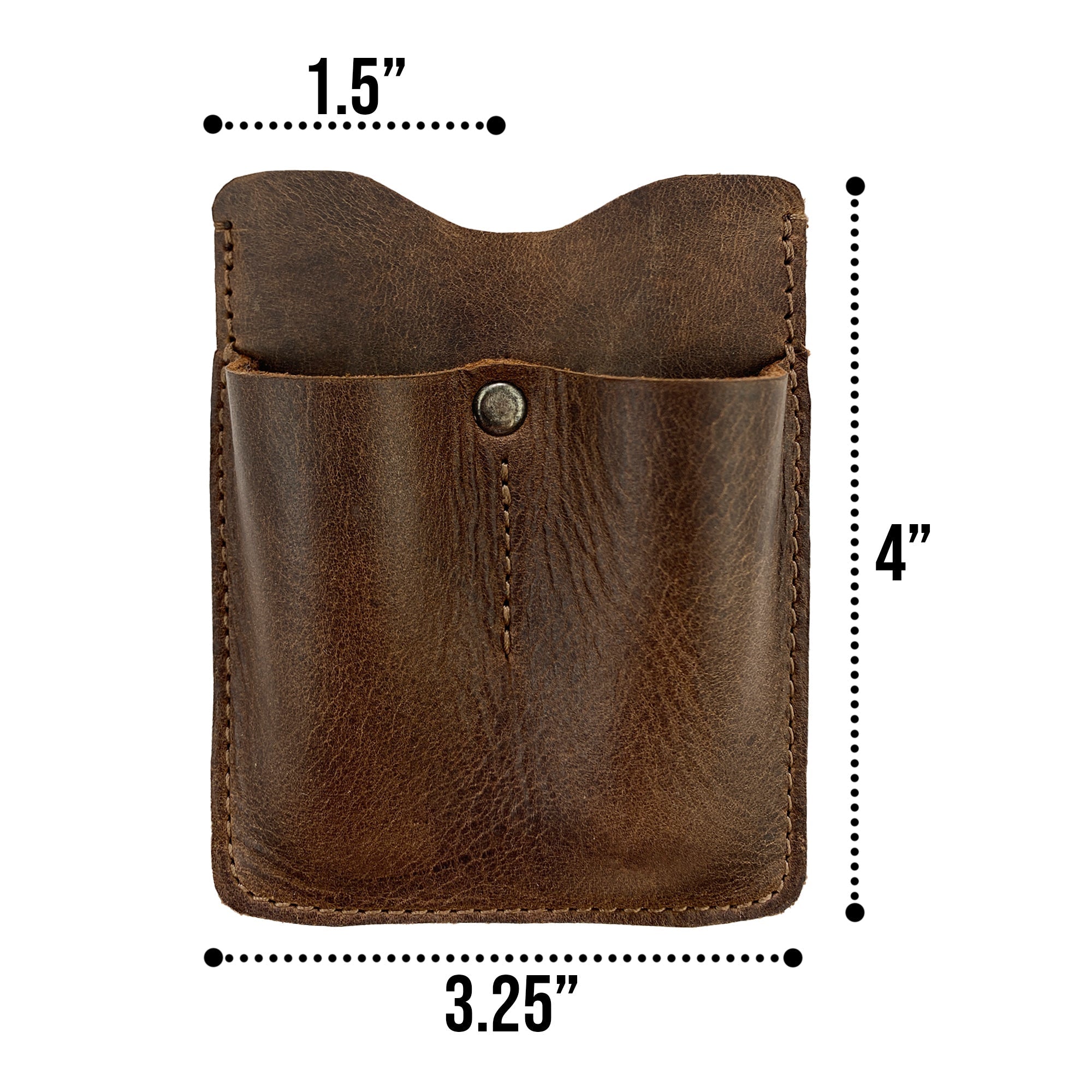 Detailed view of the dimensions of the Hide & Drink Card Holder with Small Tool Slots, measuring 3.25 in. by 4 in. This full grain leather card holder is hand cut and sewn, perfect for minimalist organization of small tools. Made in La Antigua Guatemala.