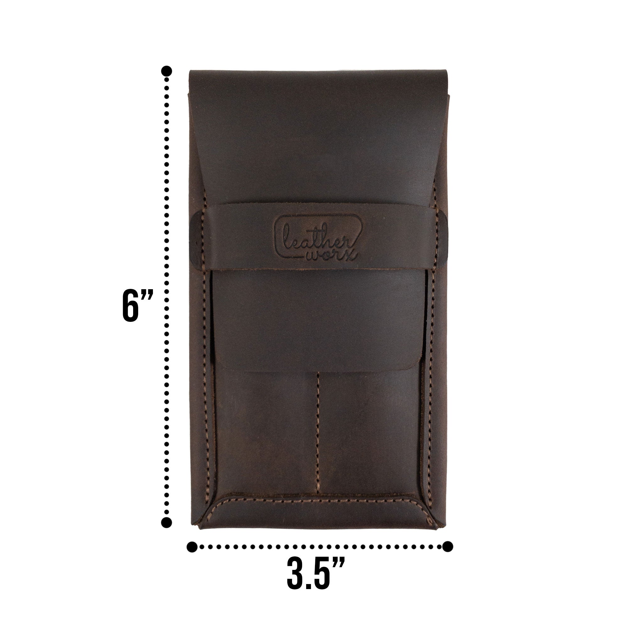 Dimensions of the Leather Worx Double Pen Case displayed, highlighting its practical size of 3.5 x 6 inches. Made from Full Grain Leather, this artisan piece embodies StockyardX's dedication to Small Batch Production, featuring Hand Cut and Hand Sewn details with a Fire Branded finish, handmade in La Antigua Guatemala.