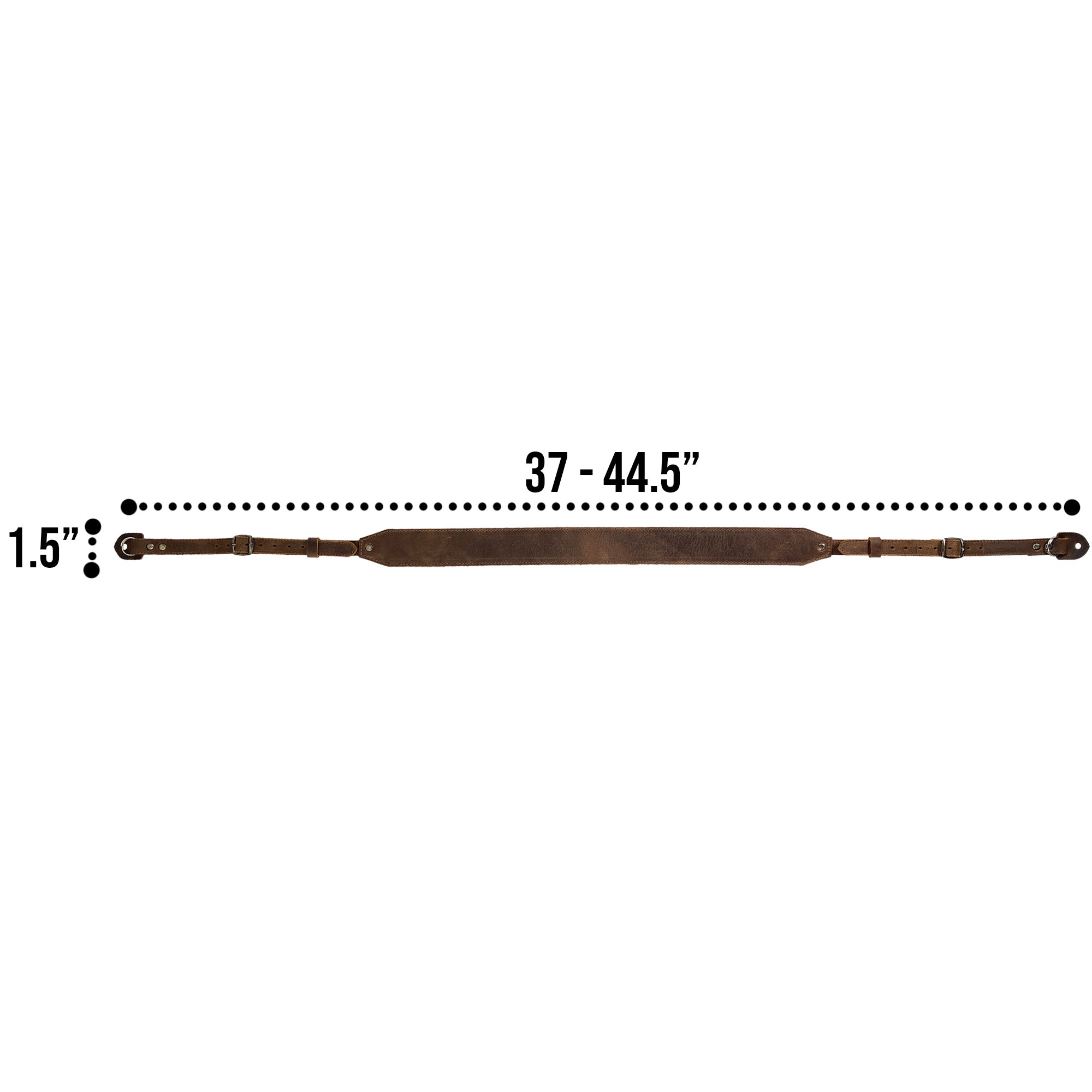 Measurement details of the Hide & Drink Rustic Camera Strap, emphasizing its dimensions and Full Grain Leather quality. This adjustable strap is designed for mirrorless and compact cameras, making it a great gift option for photography enthusiasts. StockyardX, Small Batch Production, Hand Cut, Hand Sewn, Fire Branded, Artisan, Handmade in La Antigua Guatemala & Oaxaca Mexico.