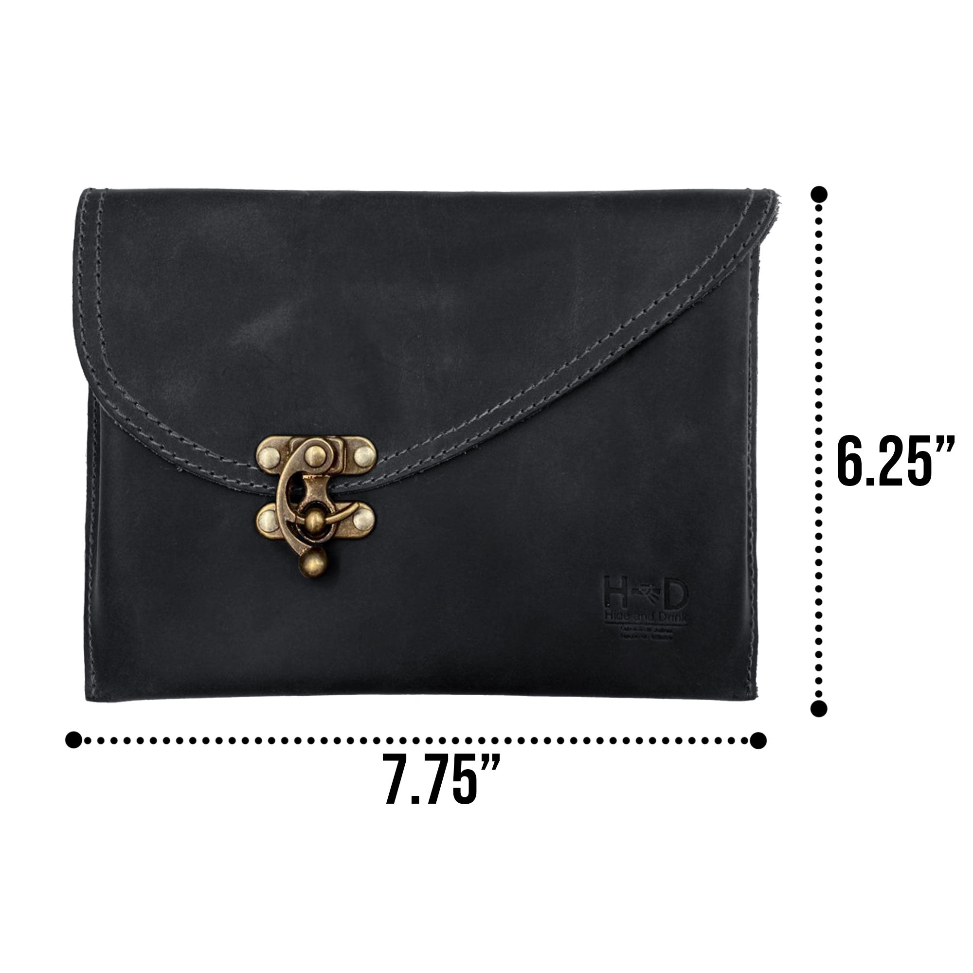 Showcasing the dimensions of the Petite Vintage Clutch Bag by Hide & Drink, this elegant handbag measures 7.75x6.25 inches. Perfect for any occasion, it‚Äôs crafted from durable full grain leather by artisans in La Antigua Guatemala & Oaxaca Mexico.